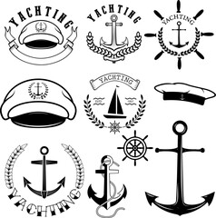 Set of yachting and nautical labels isolated on blue background. Collection of elements for company logos, business identity, print products, page and web decor or other design. Vector illustration.