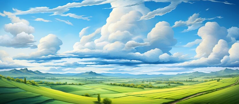 A natural landscape painting showcasing a blue sky with fluffy cumulus clouds over a lush green grassland