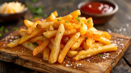 Cheese fries on wooden board, rustic pub setting, perfect shareable moment, warm and inviting 