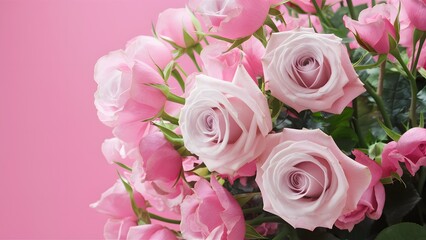 Delicate pink background with blooming roses in close up view