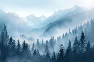 Serene misty mountain landscape with pine trees, tranquil nature scenery concept illustration - obrazy, fototapety, plakaty