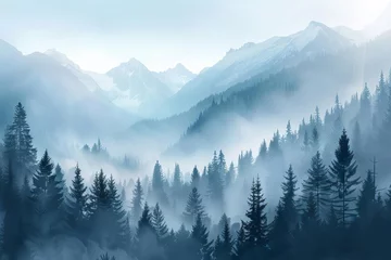 Foto op Plexiglas Serene misty mountain landscape with pine trees, tranquil nature scenery concept illustration © furyon