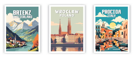Brienz, Wroclaw, Procida Illustration Art. Travel Poster Wall Art. Minimalist Vector art