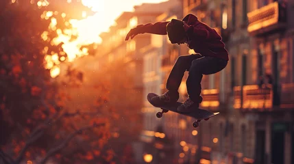 Rolgordijnen Skateboarder performing a trick in the morning sky © Nadtochiy