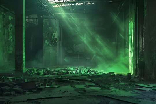 Spooky abandoned room with rubble dust, glowing green mist lights warehouse set illustration