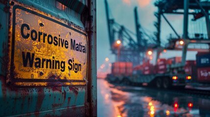An aged corrosive material warning sign stands out against a dusky industrial backdrop with cargo containers.
