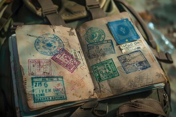 Passport full of travel stamps on a backpack
