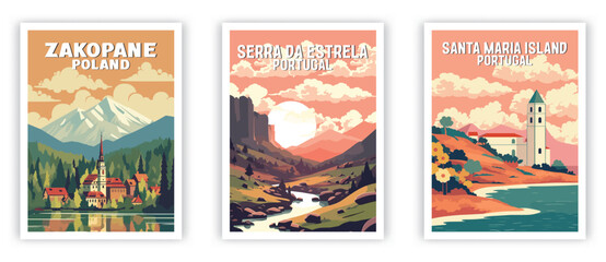 Zakopane, Serra da Estrela, Santa Maria Island Illustration Art. Travel Poster Wall Art. Minimalist Vector art - obrazy, fototapety, plakaty