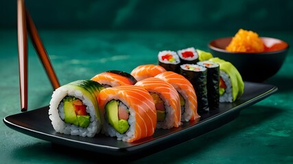 sushi with chopsticks. a plate of sushi with chopsticks on a green surface.