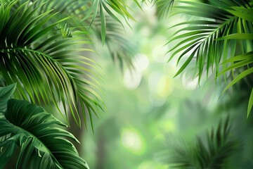 Tropical palm leaves on green background, lush foliage nature concept illustration
