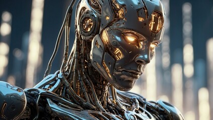 A hyper-realistic cyborg face with detailed metallic features and glowing orange eyes, against a modernistic backdrop.