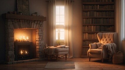 Cozy living room corner with a fireplace, comfortable armchair, and bookshelves, warm lighting.