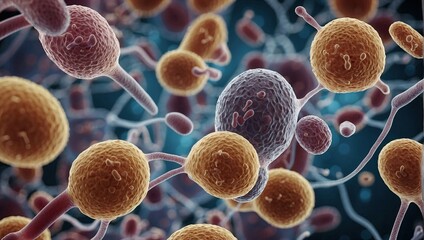 Detailed microscopic view of interconnected bacteria and microbes, medical research concept.