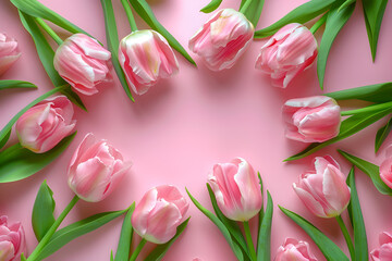 Beautiful composition spring flowers, spring flowers, Bouquet of pink tulips flowers on pastel pink background,  spring flowers,  Valentine's Day, Easter, Birthday, Women's Day, Generative Ai