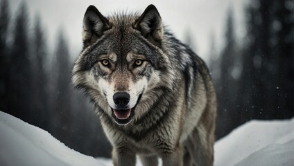 Snow-covered wolf in a winter forest, intense gaze, and visible breath, wildlife portrait.