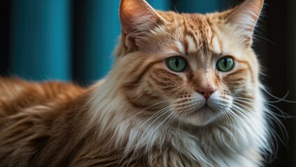 An attentive orange tabby cat with striking green eyes and a fluffy white chest, captured in a close-up.