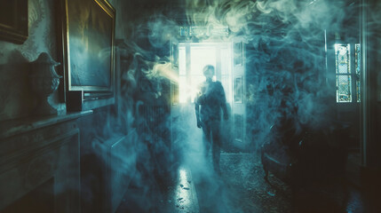 A backlit figure appears in a doorway, with smoke filling the space around them, and a single bright light source behind creating a striking silhouette
