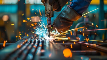 Close-up of industrial worker welding metal with sparks flying around, wearing protective gear in a manufacturing plant. - obrazy, fototapety, plakaty