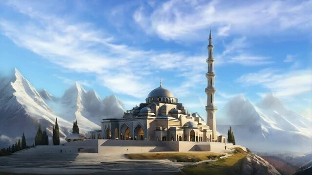mosque with mountain background, moving clouds