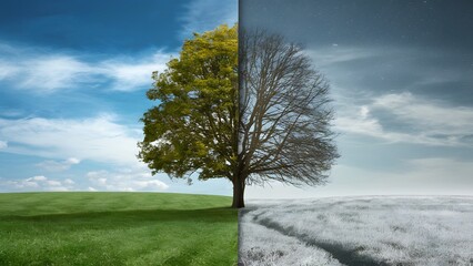 Digital Four season change concept with tree against summer winter sky