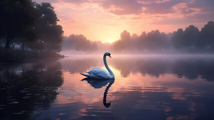 A serene pond with a graceful swan gliding across the mirrored surface at dawn. - obrazy, fototapety, plakaty