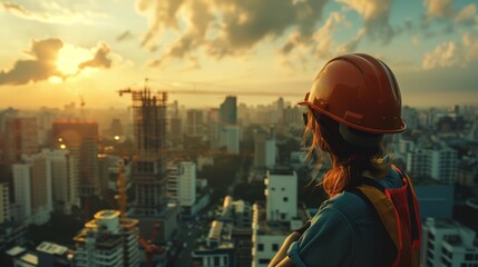 /imagine prompt: Construction worker, A dedicated woman construction worker overseeing a high-rise...