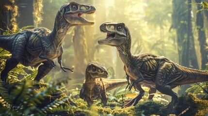 AI-generated majestic dinosaurs in a prehistoric landscape. Raptor. Vivid colors and intricate details bring these ancient creatures to life. The concept of time when dinosaurs ruled the Earth. - obrazy, fototapety, plakaty