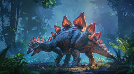 AI-generated majestic dinosaurs in a prehistoric landscape. Stegosaurus. Vivid colors and intricate details bring these ancient creatures to life. The concept of time when dinosaurs ruled the Earth. - obrazy, fototapety, plakaty