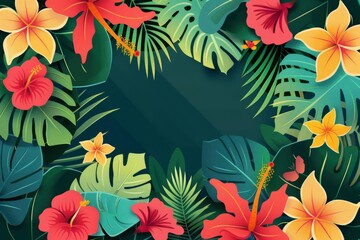 Vibrant tropical flowers and leaves frame, exotic floral border design illustration