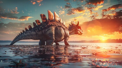 AI-generated majestic dinosaurs in a prehistoric landscape. Stegosaurus. Vivid colors and intricate details bring these ancient creatures to life. The concept of time when dinosaurs ruled the Earth.