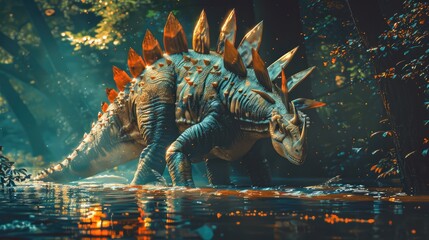 AI-generated majestic dinosaurs in a prehistoric landscape. Stegosaurus. Vivid colors and intricate details bring these ancient creatures to life. The concept of time when dinosaurs ruled the Earth. - obrazy, fototapety, plakaty