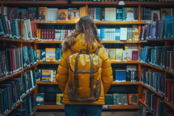 A woman wearing a yellow jacket stands in a library with a backpack on