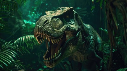 AI-generated majestic dinosaurs in a prehistoric landscape. Tyrannosaurus, t-rex. The concept of time when dinosaurs ruled the Earth. - 767158869