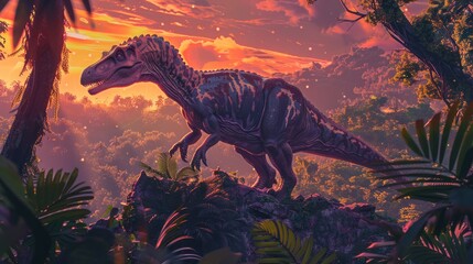 AI-generated majestic dinosaurs in a prehistoric landscape. Tyrannosaurus, t-rex. The concept of time when dinosaurs ruled the Earth. - 767158897
