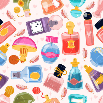 Perfume flasks seamless pattern. Different design spray bottles. Repeated perfumery print. Toilet water and colognes vials. Beauty products. Aroma cosmetics. Recent vector background