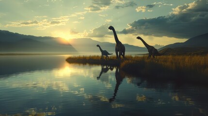 AI-generated majestic dinosaurs in a prehistoric landscape. Brontosaurus or diplodocus. Vivid colors and details bring these ancient creatures to life. - 767159001
