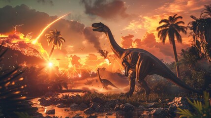 AI-generated majestic dinosaurs in a prehistoric landscape. Global Earth disaster. The concept of dinosaur extinction. - obrazy, fototapety, plakaty
