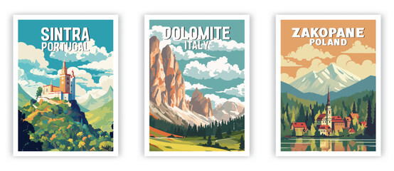 Sintra, Dolomite, Zakopane Illustration Art. Travel Poster Wall Art. Minimalist Vector art - obrazy, fototapety, plakaty