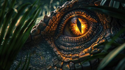 AI-generated majestic dinosaurs in a prehistoric landscape. Eye close-up. Vivid colors and intricate details bring these ancient creatures to life. - 767159029