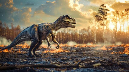 AI-generated majestic dinosaurs in a prehistoric landscape. Global Earth disaster. The concept of dinosaur extinction. - 767159035