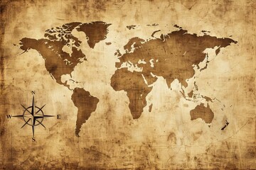 Vintage sepia toned world map with compass, old paper texture travel exploration concept illustration