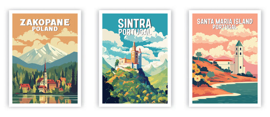 Zakopane, Sintra, Santa Maria Island Illustration Art. Travel Poster Wall Art. Minimalist Vector art - obrazy, fototapety, plakaty