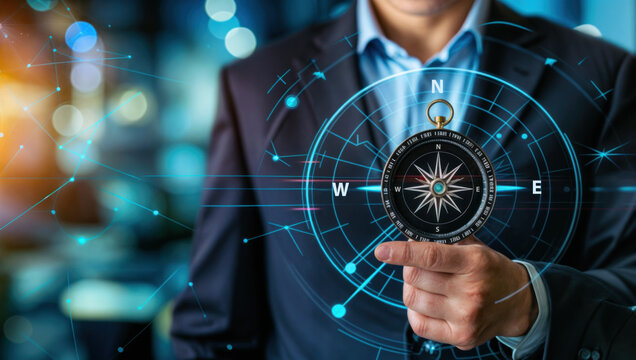 Leading the way. Businessman holding a compass pointing towards success in digital management, global marketing strategies, and future business navigation