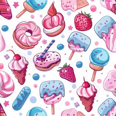 summer pattern background with desserts and fruits sweets