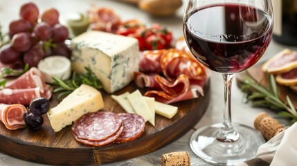 A glass of wine with a charcuterie and cheese platter