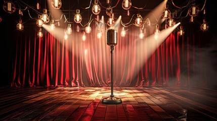 Stage with red curtains, microphone and spotlight.. Theatre, cabaret or comedy show or opera music c - obrazy, fototapety, plakaty
