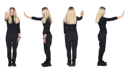 front,side and back view of a portrait of a group of the same blonde woman standing showing stop...