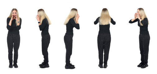 various poses of tbe same standing woman who is screaming on white background