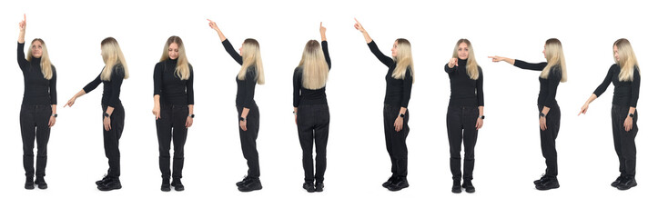 various poses of the same woman pointing on white background
