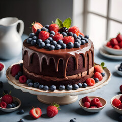 Delicious chocolate cake topped with fresh berries on cake plate.